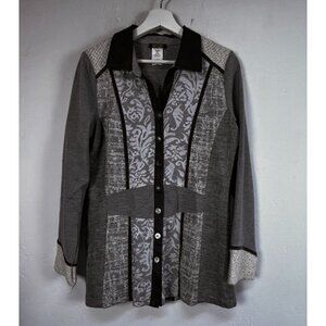 Dolcezza Womens Gray Mixed Print Long-Sleeve Button-Front Blazer Jacket Medium